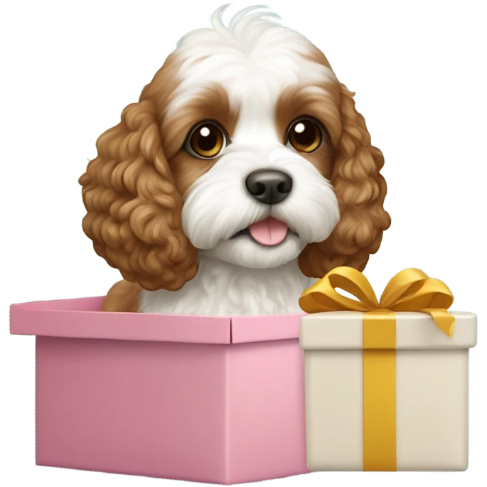 Brown and white cavapoo and gift box emoji