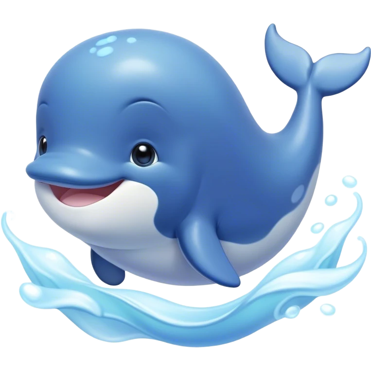 Cinematic happy baby whale, chubby rounded body, tiny smiling face, soft pastel blue hues, gentle glowing waves around, joyful and soothing. emoji