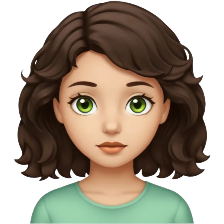 A girl with light skin, short dark brown wavy hair and brown with a little green eyes emoji