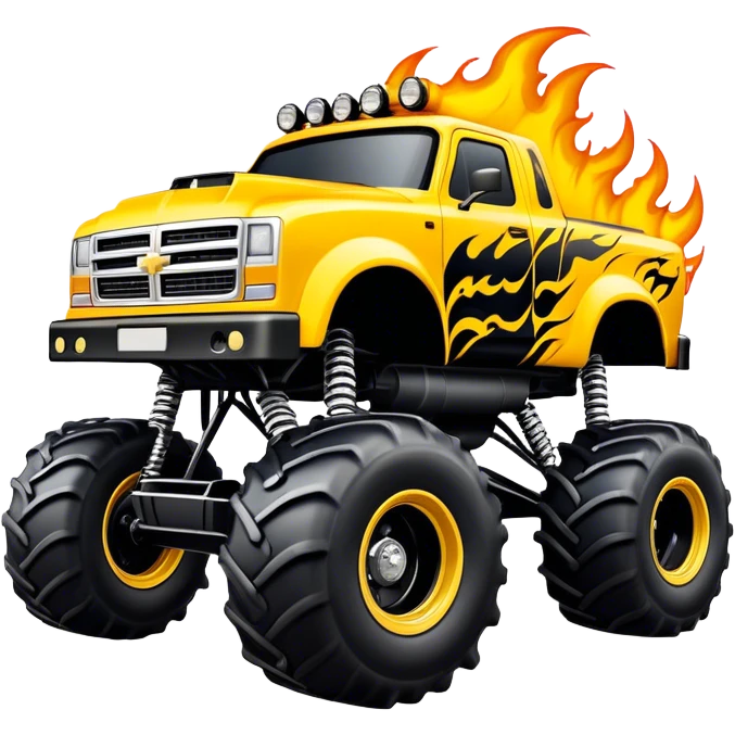 Maximum Destruction - Monster Jam (Model Year: 2021) (Iconic colour: Yellow with black flames) - A ferocious monster truck featuring a vivid yellow base accented by dramatic black flame patterns. Emphasize sharp, high-contrast flame streaks across the body, creating a look of aggressive, explosive energy. emoji