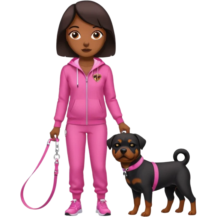 Rottweiler on leash held by African American woman in all pink track suit emoji