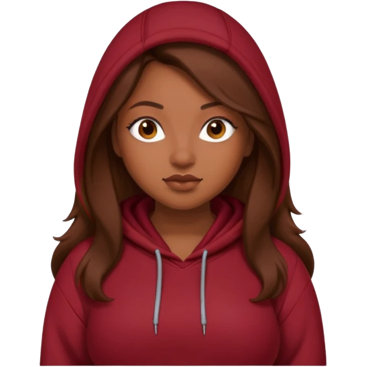 Curvy pretty brown girl with long brown hair, wearing a dark deep red hoodie emoji