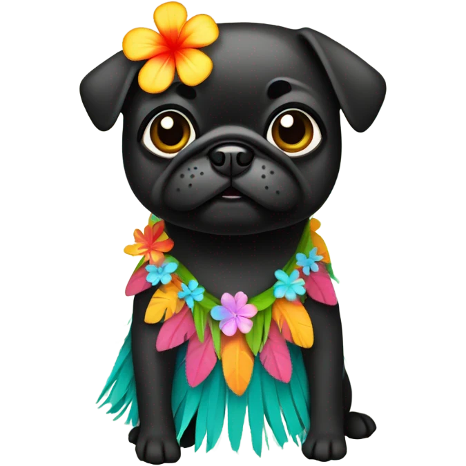 Black pug in a Hawaiian hula girl dress emoji