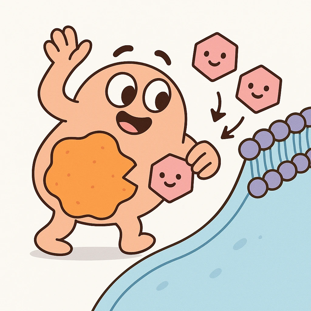 Ultra-detailed illustration of enzyme digestion: amylase breaking starch into sugars near a cell membrane. Clean white background, no text. Scientific but simple emoji