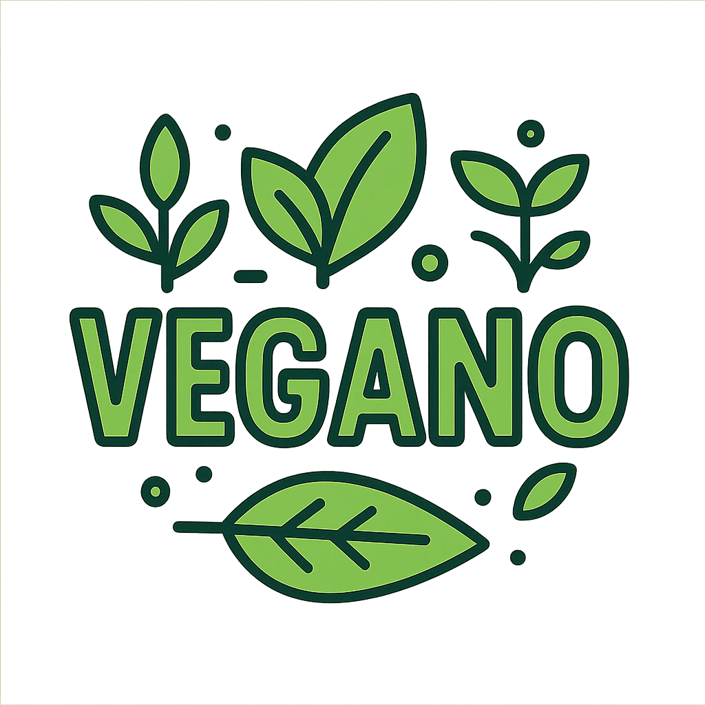the word VEGANO in a bold modern style with green leaves and plant elements, suitable for a vegan brand logo emoji