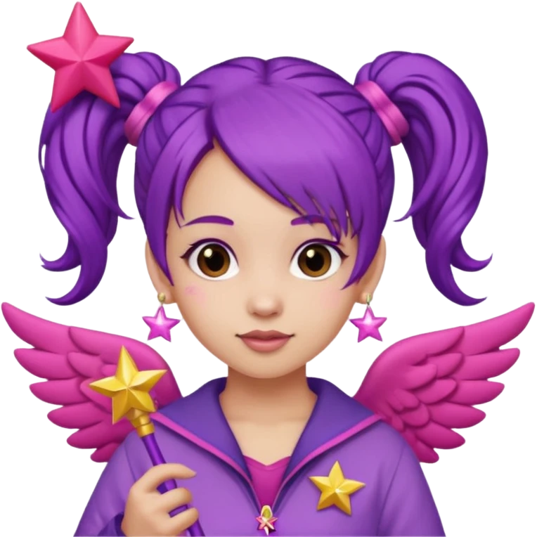Create an emoji of a fairy-like woman with purple hair tied into two pigtails, red stars in her hair, wearing a pink outfit and pink wings. She is holding a pink star-shaped wand and wearing purple circular earrings. emoji