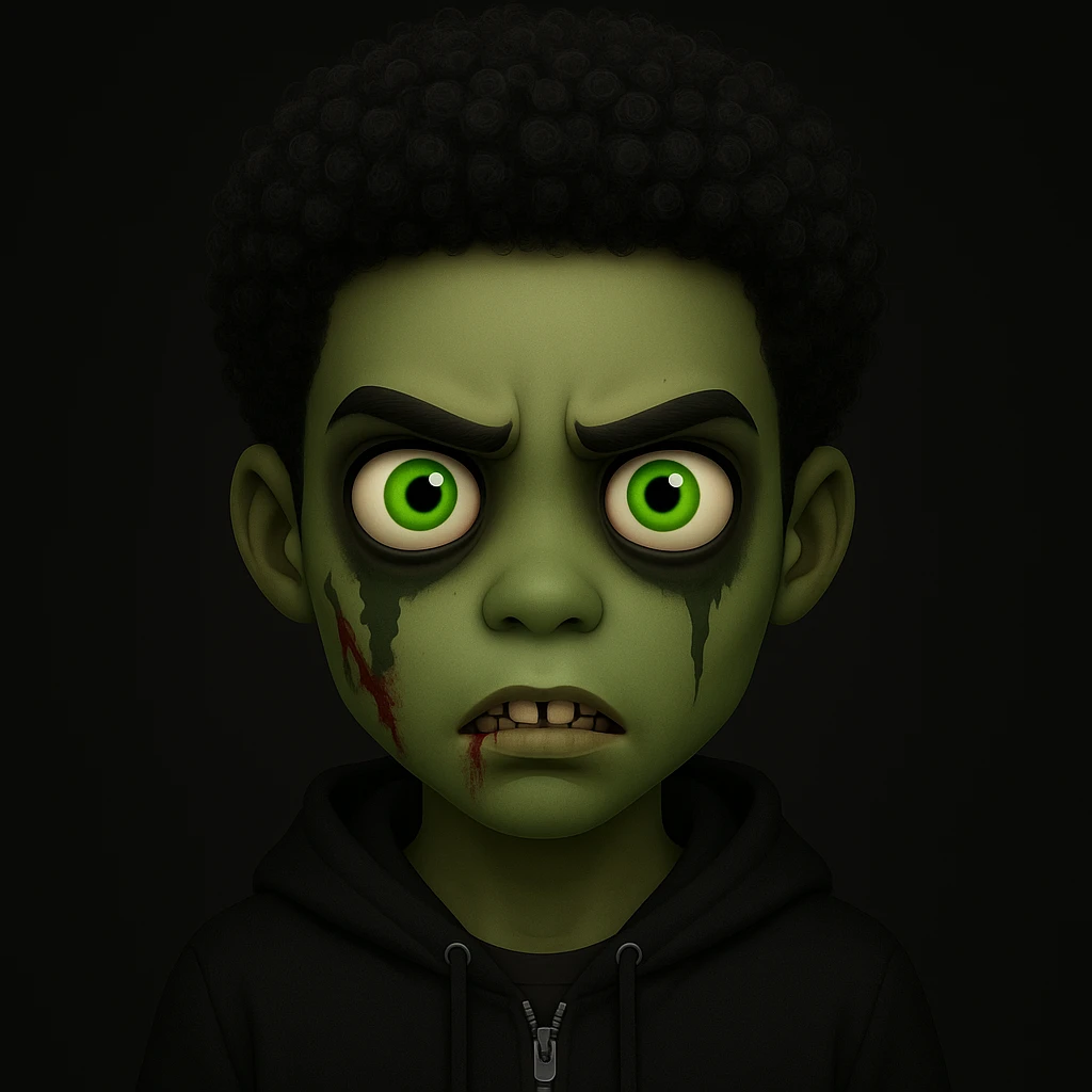 Change the hair to a Black hairstyle with tight curls or afro and add a black hoodie. Keep the boy zombie's green skin, emo vibe, and creepy expression. emoji