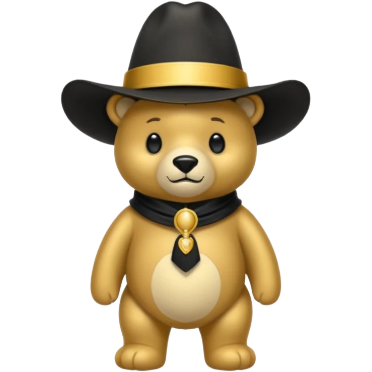 Oso dorado con un sombrero elegante    negro y  en   su cuello un moño negro emoji