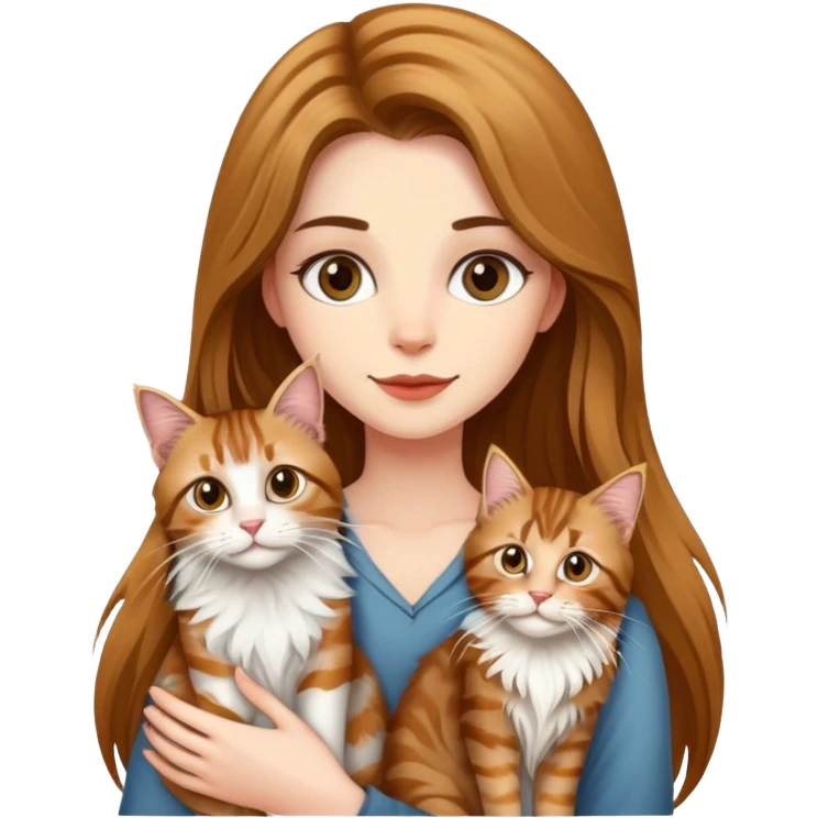 A beautiful tall girl with fair skin and long hair holding a tabby cat and a Maine Coon cat emoji