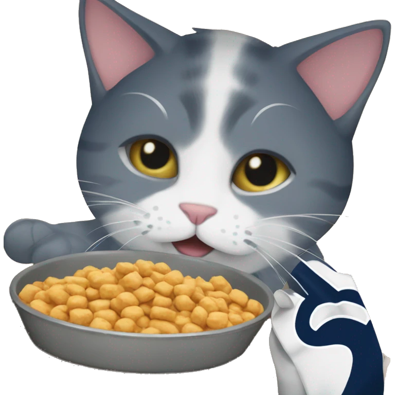 Cat wearing Penn state merch and eating cat food emoji