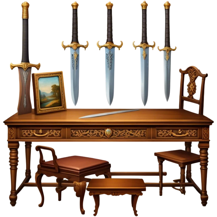 Icon for Antiques Collecting: vintage intricately carved furniture, famous paintings, antique swords, and rifles. The items are displayed on a wooden table or shelf. The icon should evoke the rich history and craftsmanship of antique collecting. Transparent background. emoji