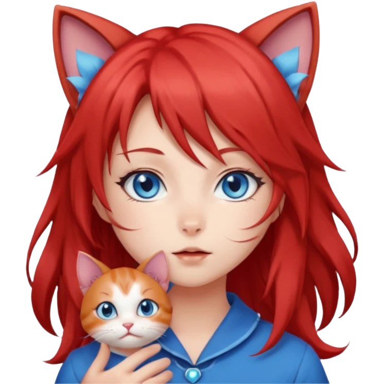 very cute anime cat-girl with small cat ears, red blowing hair emoji
