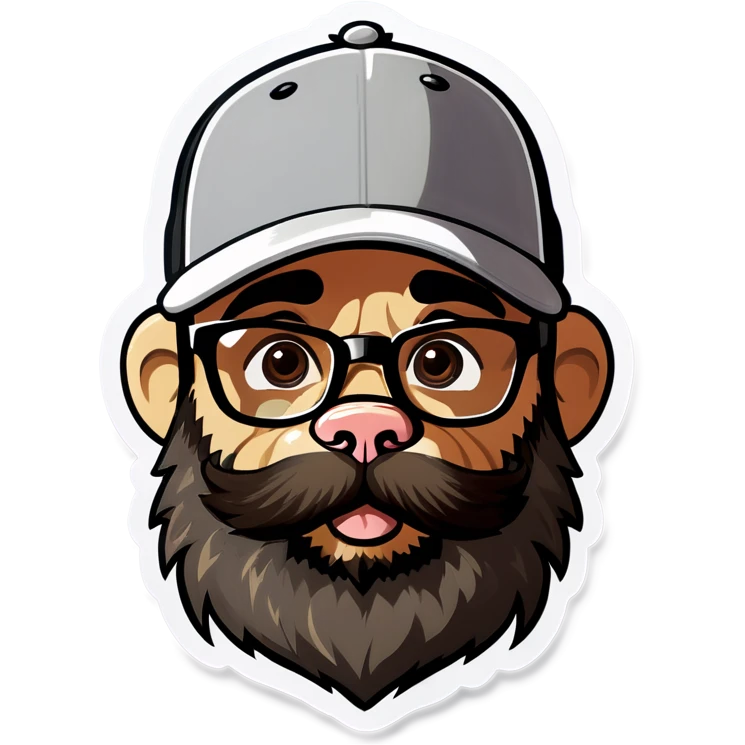 A man with a grey baseball cap, hazel eyes, big dark brown beard and glasses, big bubble begging puppy eyes emoji