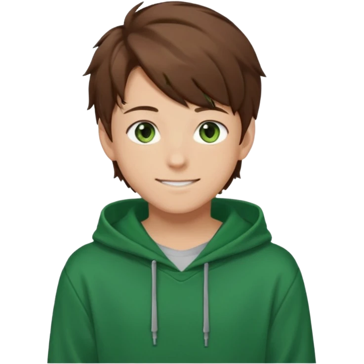 the face of an Anime teen boy with brown hair, green eyes, looking smiling slightly sideways positioned. Face must be main filling of the emoji. A little piece of hoodie can be visible. 128px emoji