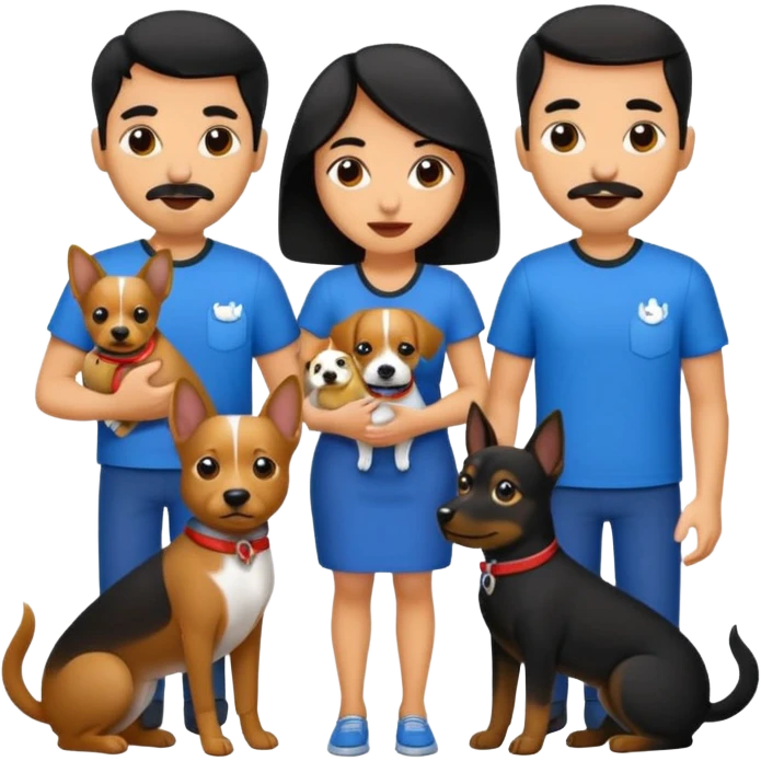 Pareja hombre y mujer, pelo negro ambos, y con dos perritos pincher en sus brazos emoji