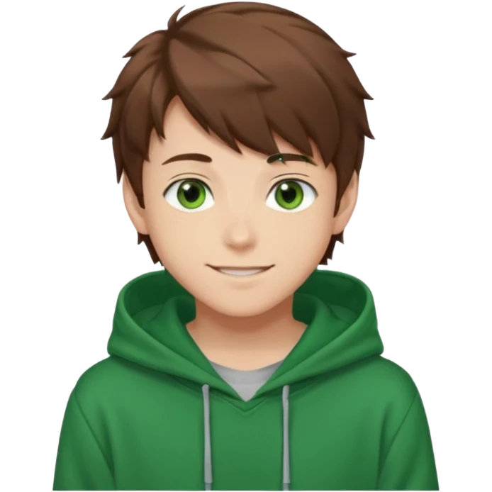 Anime teen boy with brown hair, green eyes, and a green hoodie, looking smiling slightly sideways positioned. 128px emoji