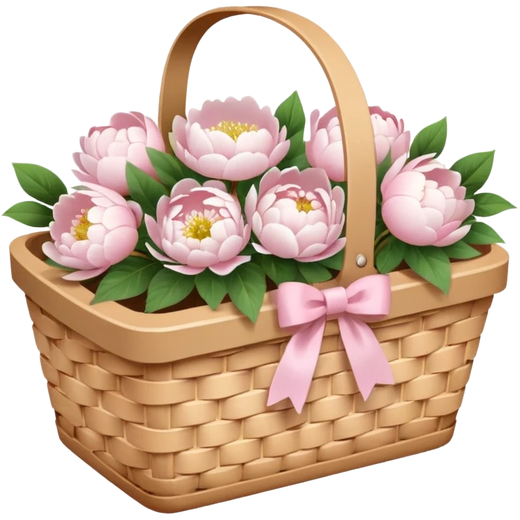White Picnic basket with light pink bow and white peonies inside emoji