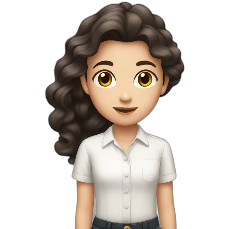 9 year old white girl with realy long dark brown waivy hair wearing a white shirt with black letters emoji