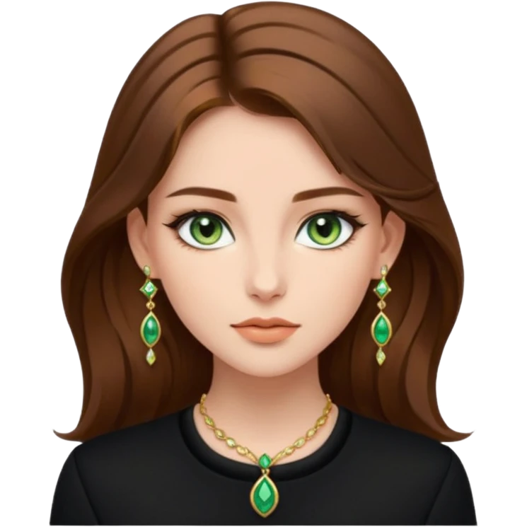 Μια κοπέλα καστανή με μαύρα ωραία ρουχα και σκουλαρίκια και κοσμήματα και βαμμένη ελαφρό και πράσινα μάτια τα κοσμήματα λίγα και χρυσα τα κοσμήματα να είναι λίγα και λεπτα και βαμμενοι emoji
