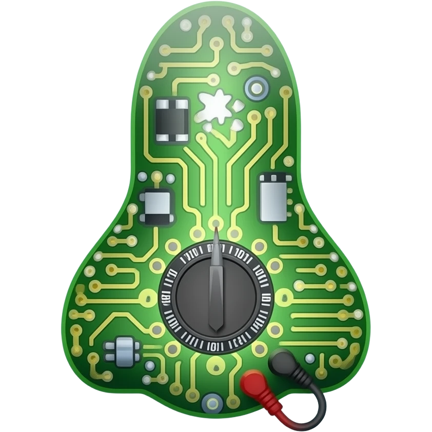 An icon featuring circuit boards, glowing wires, and a multimeter, nose form emoji