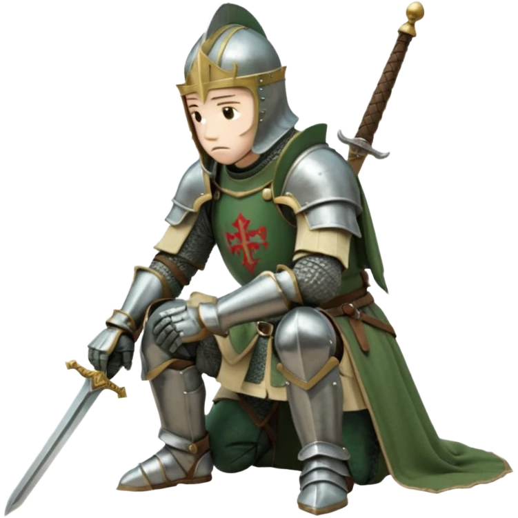 A lone medieval knight in a green worn armor kneels. His helmet is closed, hiding his face, conveying silence, exhaustion and contemplation. A long sword is planted in the ground beside him, its hilt resting near his gloved hands as if he is praying or resting after battle. emoji