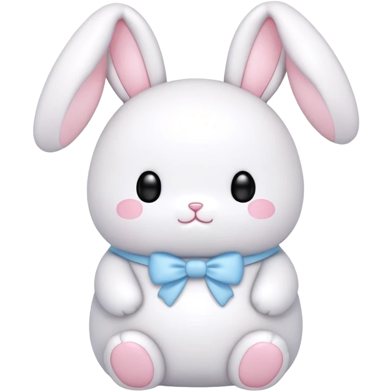 A fat bunny in authentic Sanrio style exactly like Hello Kitty and My Melody, super simplified features, extremely kawaii, tiny body with oversized head, minimal dot eyes, no nose, tiny simple mouth, pastel pink and baby blue colors, clean bold black outlines emoji
