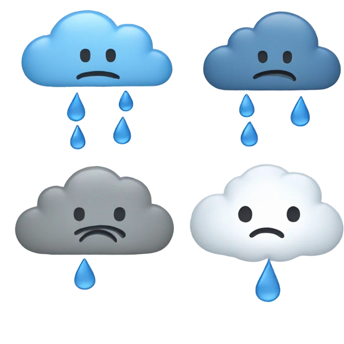 "Minimalist depression-themed emoji set with a sad face, rain cloud, broken heart, teardrop, and neutral face with thought bubble in muted gray and blue tones on white." emoji