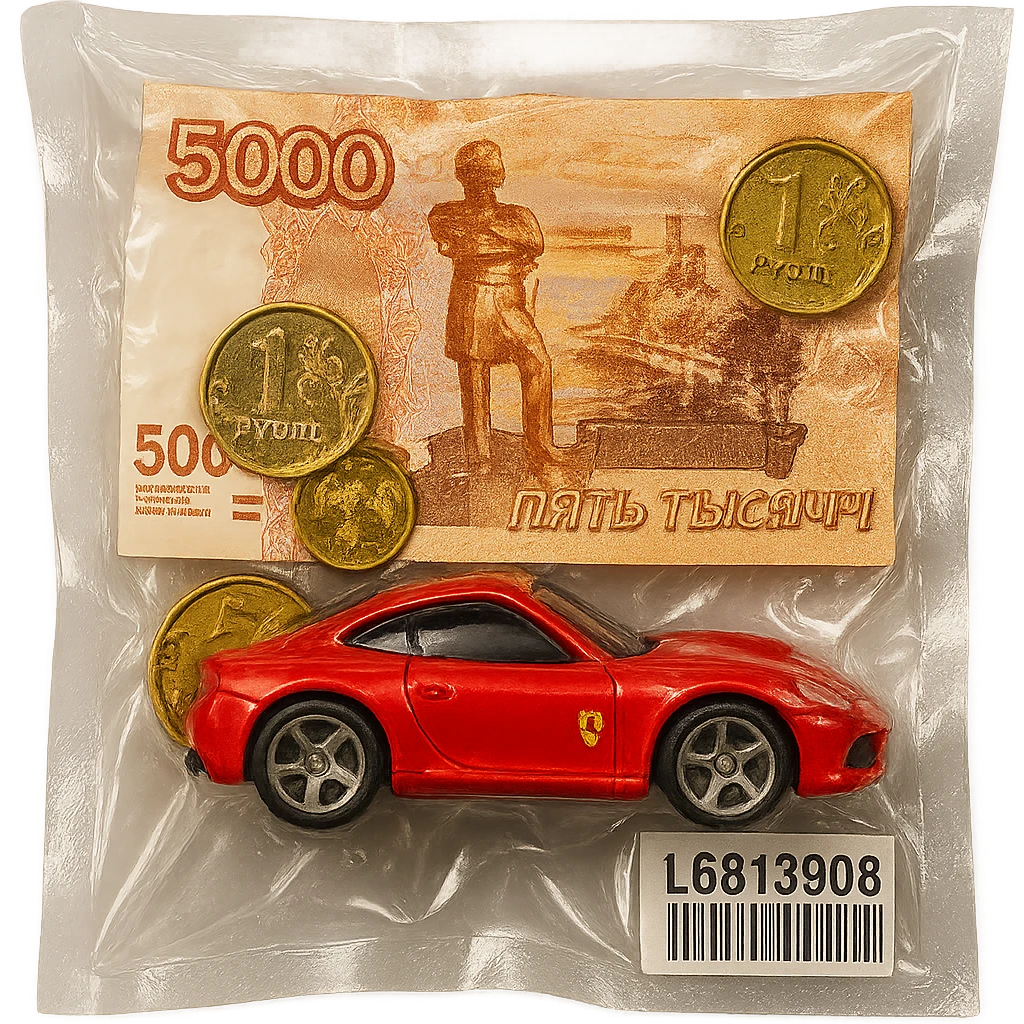 Combine a 5000 Russian ruble banknote, several Russian coins, and a red Ferrari Hot Wheels toy car together in one clear vacuum-sealed package. The car should be bright red and clearly resemble a Ferrari. All items should look glossy, puffy, and tightly packed together, no background. emoji