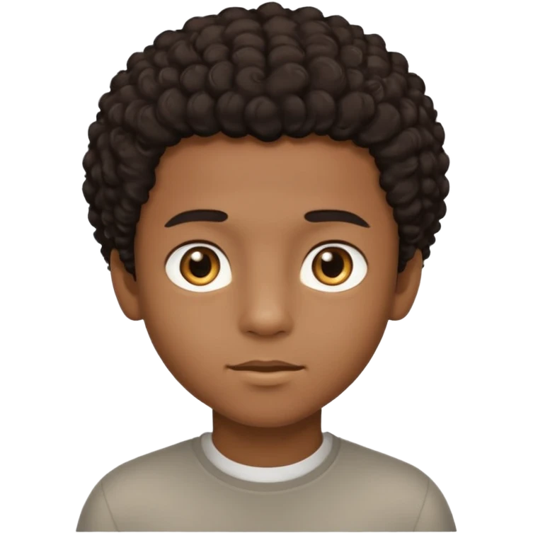 This avatar of black boy has lightly curly dark hair styled upward, a rounded face with golden-brown eyes, and a neutral expression emoji