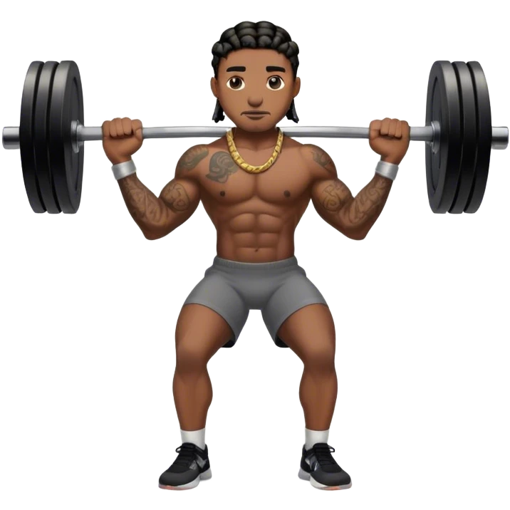 Buff black man with short braids and tattoos lifting weights emoji