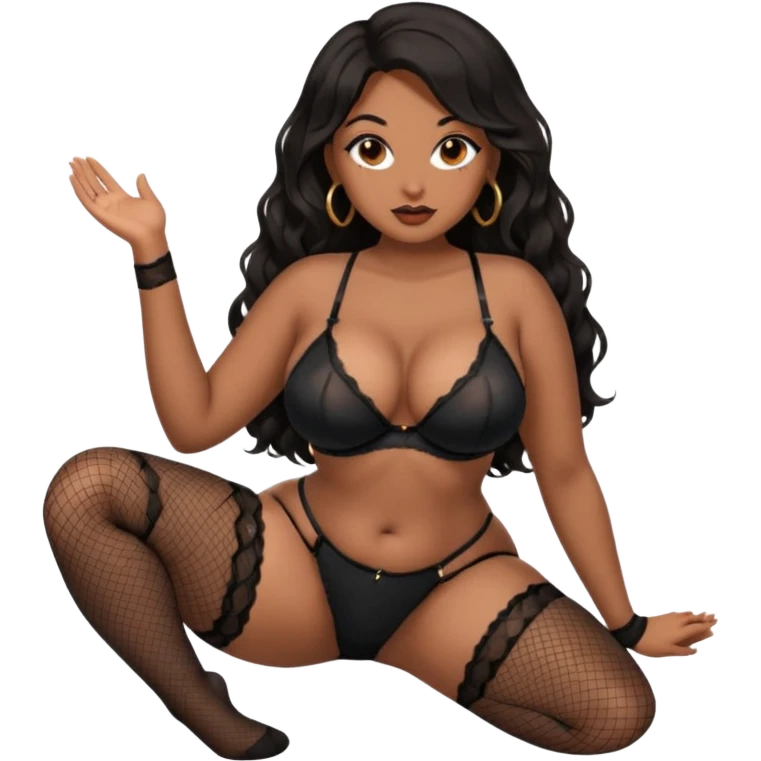 Curvy woman with brown skin with long wavy black hair, dark brown eyes. She's wearing black fishnet lingerie and black fishnet stockings, she's on her knees looking up to the camera  emoji