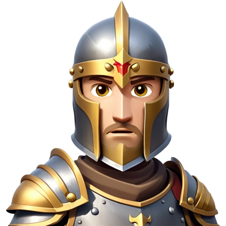 clash-of-clans-aesthetic_-cinematic-fearsome-and-majestic-knight-bust-portrait-emoji, rendered in a flat, vector-style with minimal shading and bold, simplified shapes, depicting a battle-ready medieval knight with steely eyes and intricate armor, mounted on a warhorse reflecting sunlight over a misty battlefield. emoji