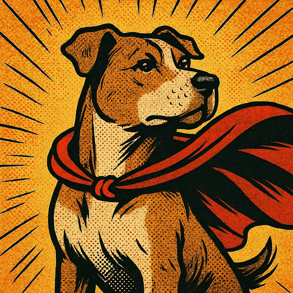 a heroic dog in a cape, old school comic book style emoji