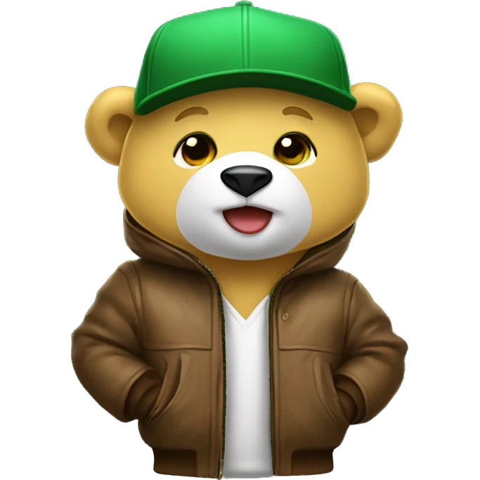 Yellow bear cub with white muzzle and Green baseball cap and wearing brown bomber jacket with Fur hood. emoji