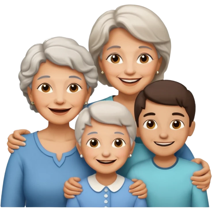 two kids (1 boy and 1 girl) with their mother and grand mother smiling emoji