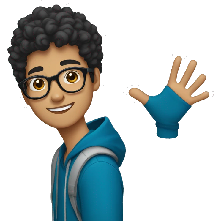 Cheerful Pakistani teenager with black curly hair and black glasses. He's wearing a blue hoodie. emoji