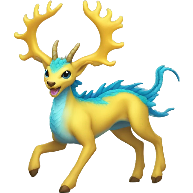 blue dragon deer hybrid with a yellow mane running emoji