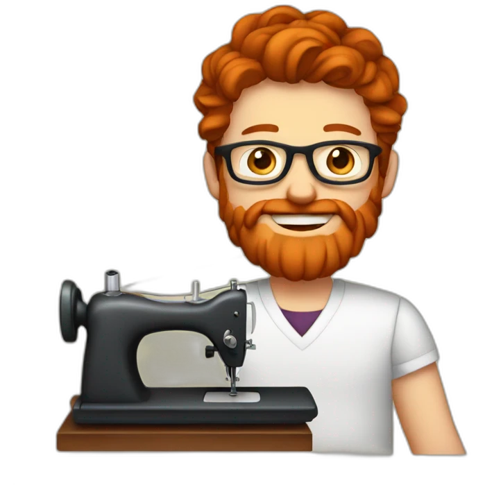 Red smooth haired man with beard and glasses hand sewing a saddle emoji