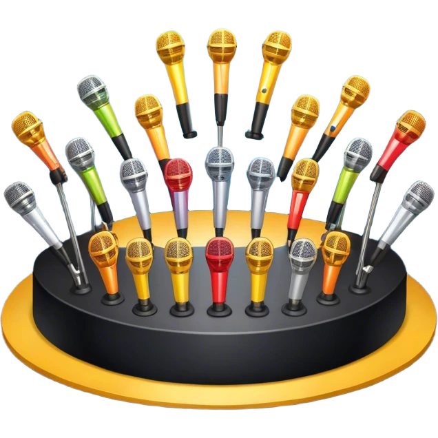 Create a vibrant and dynamic emoji that represents choral vocal performance. The design should feature 10 vintage stage microphones arranged in a semi-circle on a concert stage, symbolizing a vocal group or choir. Add musical notes flowing around the microphones to represent harmony and unity in the performance. Include concert lighting and a celebratory atmosphere to convey the excitement of live music. Use bright, bold colors like red, gold, and silver to emphasize the energy and glamour of the stage. The background should be transparent. emoji