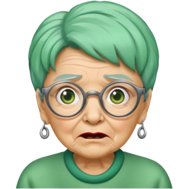 green haired grandma with wrinkles and glassess, surprised emoji