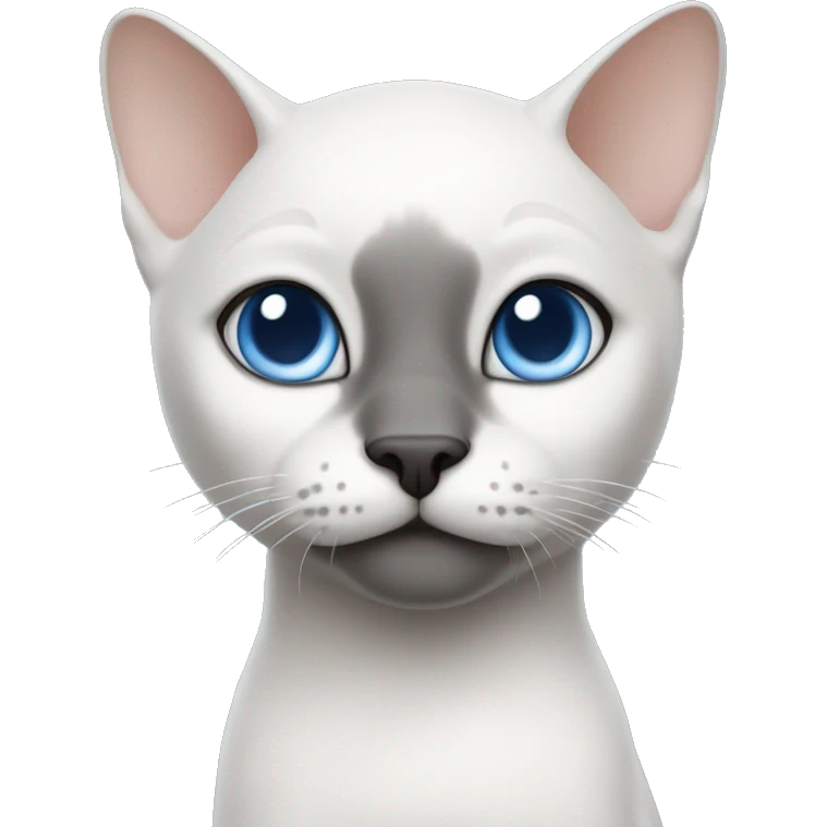 bald cat with fine undercoat, large blue eyes, gray color, black nose and one part of the muzzle is white, white paws, small emoji