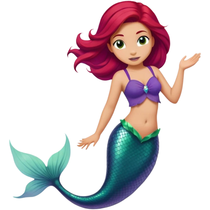 Disney Ariel mermaid with red hair swimming, green fish tail, purple top emoji