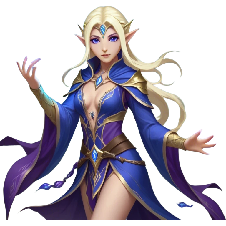Cinematic Realistic WoW Elf Mage Portrait, captured in a dynamic, battle-ready stance, her graceful form exuding raw arcane energy. Her luminous skin and delicate features, set against an intricately detailed robe in consistent deep blues and purples with golden accents, are rendered with lifelike texture and dynamic, magical lighting, high shine, fierce and commanding, embodying the relentless spirit of an elven sorceress mid-spell. emoji