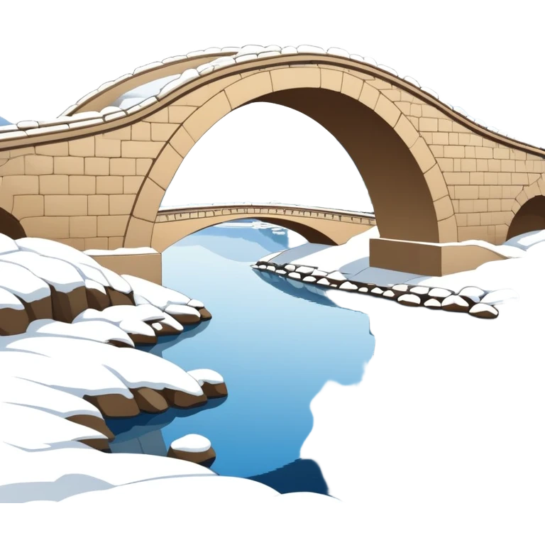 Remnant Snow on the Broken Bridge in Winter, West Lake Hangzhou, simplified emoji style with bold outlines, arch bridge with snow, water below emoji