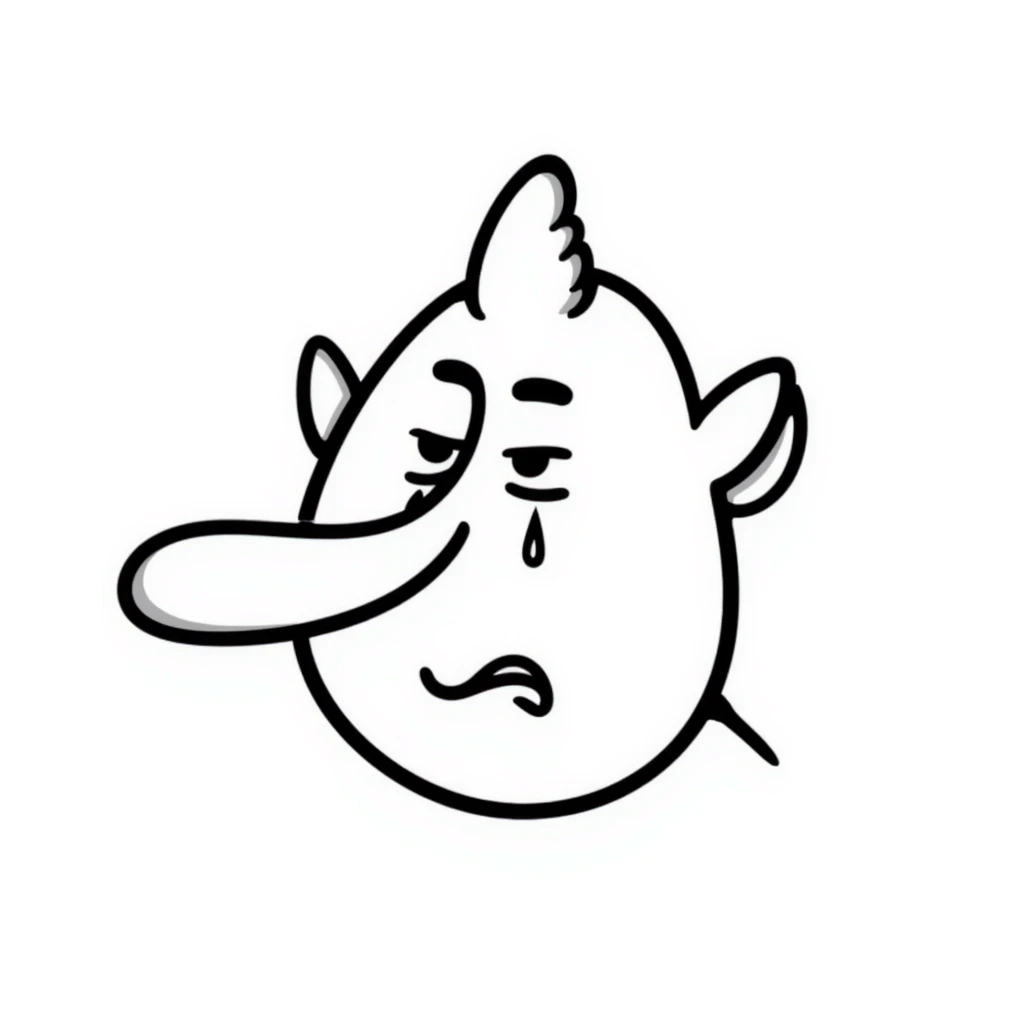 tengu face with exaggerated nose crying, simple lines, just the face emoji