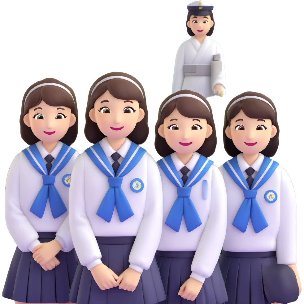 Japanese female high school student in group photo with classmates at Hiroshima Peace Memorial emoji