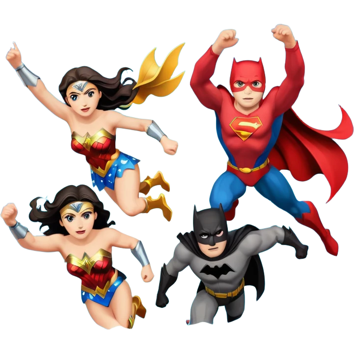 Justice League dynamic action scene with Flash, Wonder Woman, Superman, Aquaman, and Batman in emoji style emoji