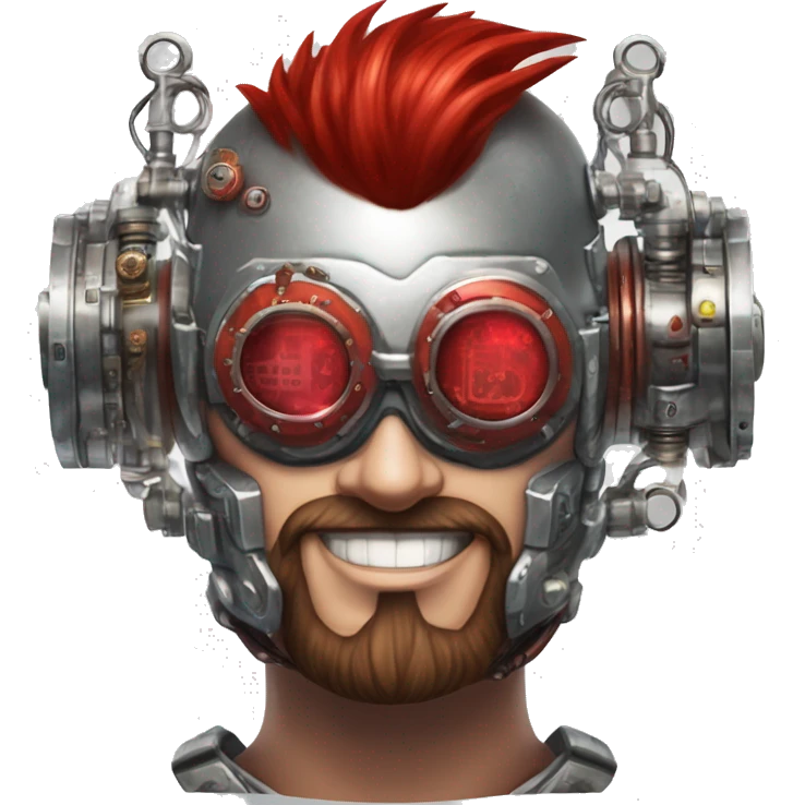cyborg head with red Mohawk, red beard. silver steampunk monocle goggles a smile and circuits emoji