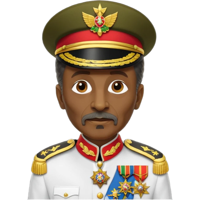 Create an emoji of an Older Haile Selassie African king wearing his ceremonial military uniform adorned with numerous medals, orders, and a sash. emoji