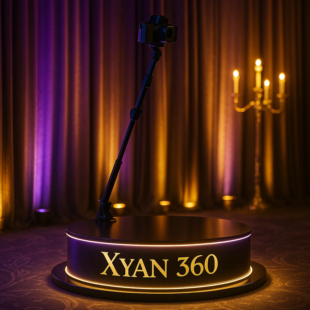 A spinning camera platform with 'Xyan 360' in gold, illuminated by purple and gold LED lights, sophisticated and festive luxury event style emoji